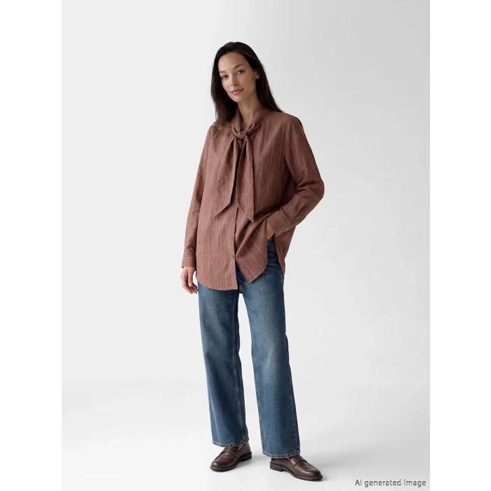 LCWAIKIKI Classic Kahverengi Fular Yakalı Çizgili Kadın Gömlek Tunik