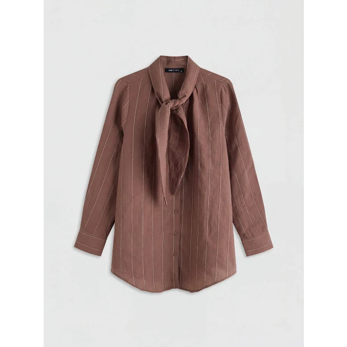 LCWAIKIKI Classic Kahverengi Fular Yakalı Çizgili Kadın Gömlek Tunik