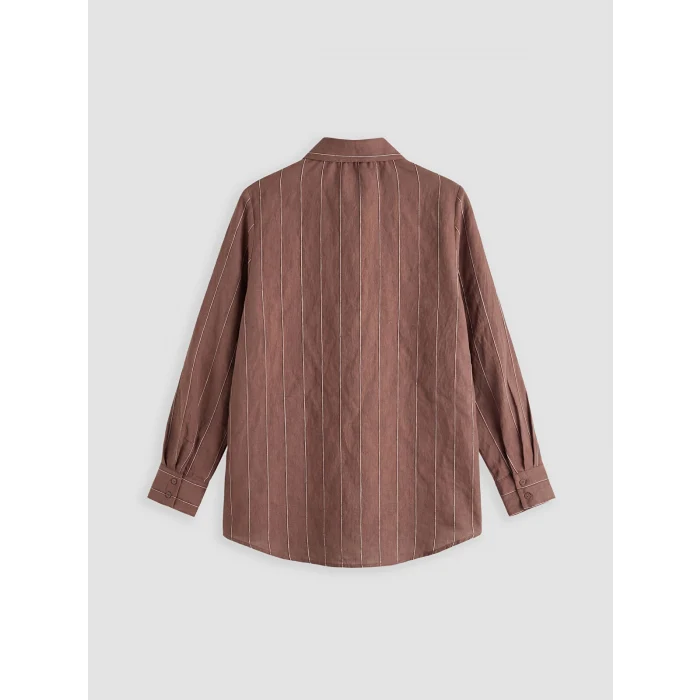 LCWAIKIKI Classic Kahverengi Fular Yakalı Çizgili Kadın Gömlek Tunik
