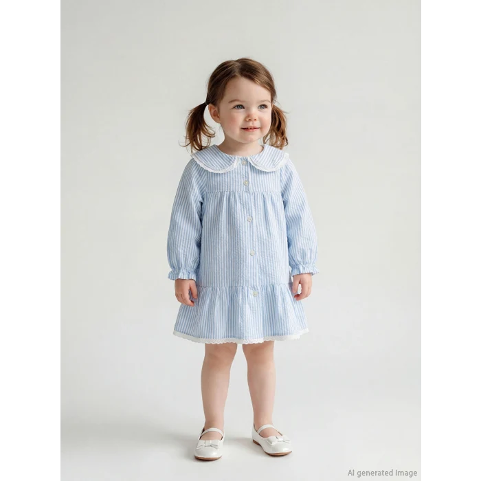 LCW baby Ekru Bebe Yaka Çizgili Kız Bebek Elbise