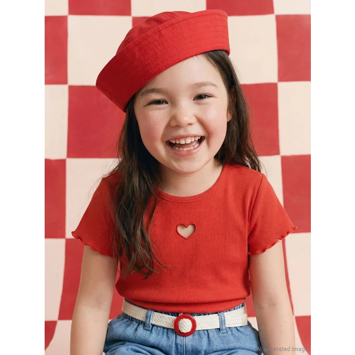 LCW Kids Kırmızı Kalp Detaylı Kız Çocuk Fitilli Tişört