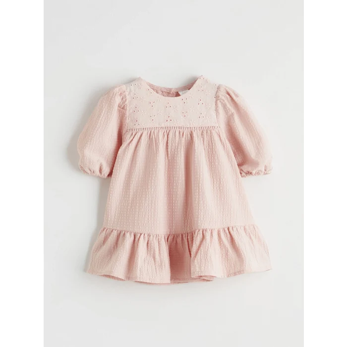 LCW baby Pembe Nakışlı Bisiklet Yaka Balon Kollu Kız Bebek Elbise