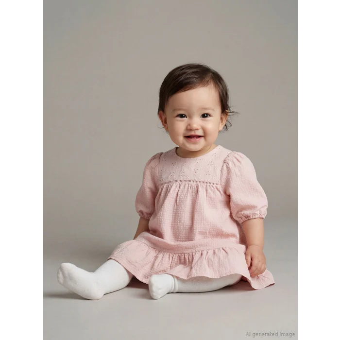 LCW baby Pembe Nakışlı Bisiklet Yaka Balon Kollu Kız Bebek Elbise