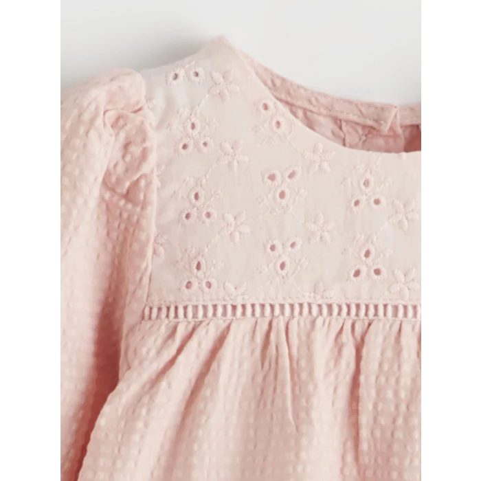 LCW baby Pembe Nakışlı Bisiklet Yaka Balon Kollu Kız Bebek Elbise