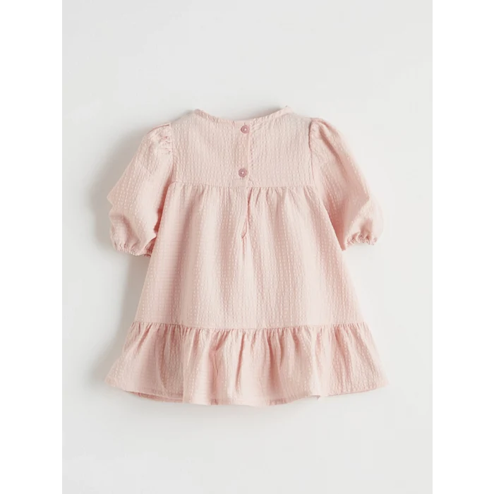 LCW baby Pembe Nakışlı Bisiklet Yaka Balon Kollu Kız Bebek Elbise