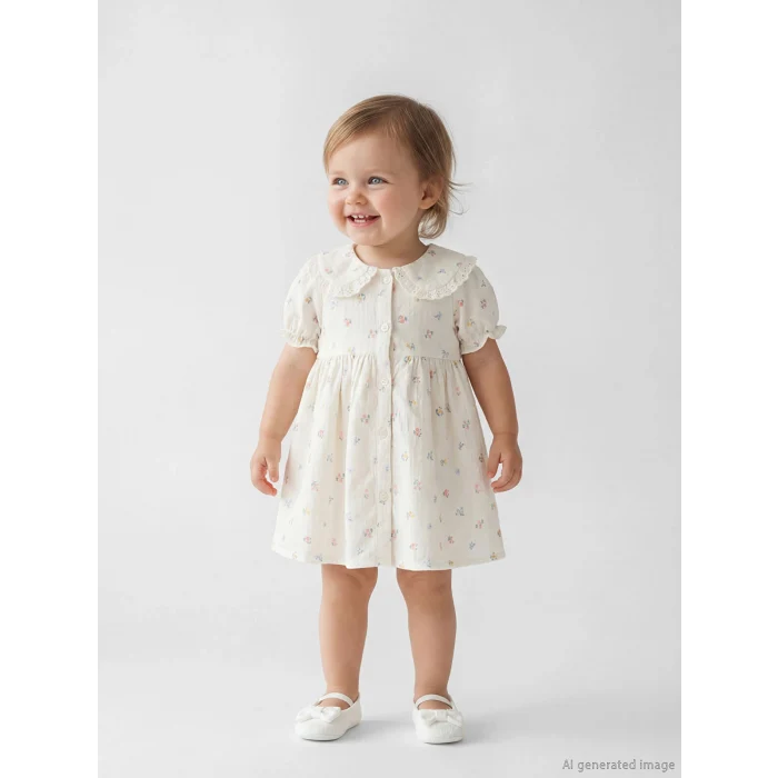 LCW baby Bej Bebe Yaka Çiçek Desenli Kız Bebek Elbise