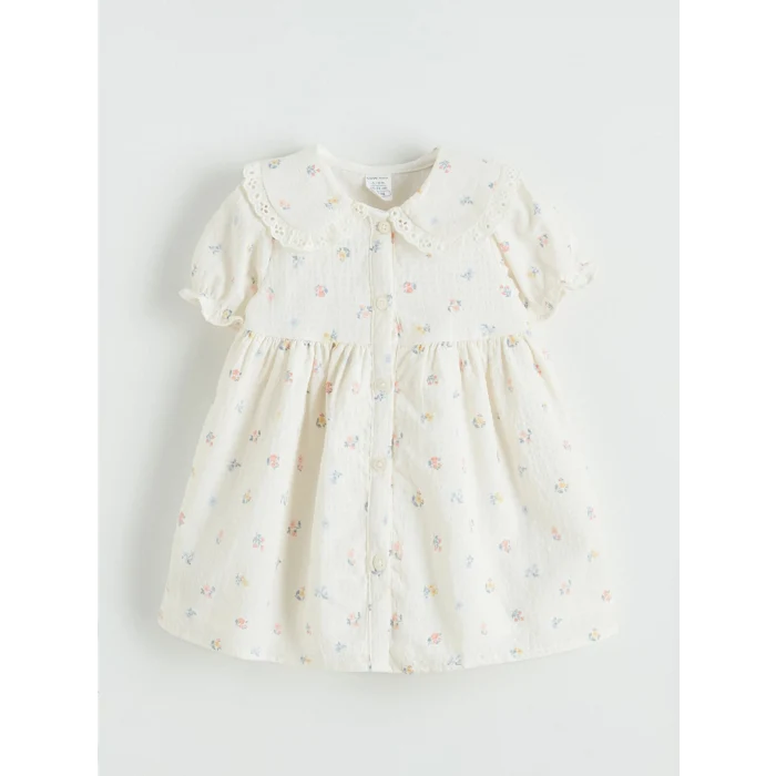 LCW baby Bej Bebe Yaka Çiçek Desenli Kız Bebek Elbise