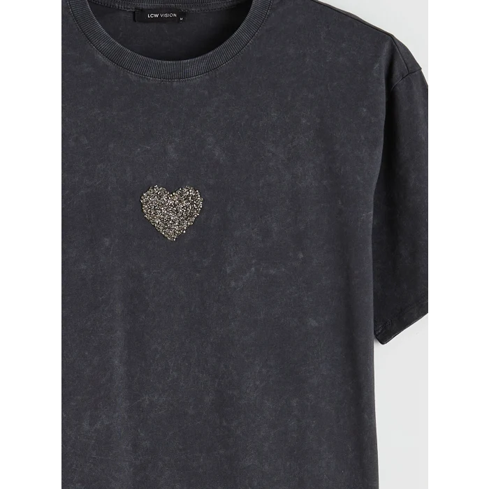 LCW Vision Antrasit Kalp İşlemeli Oversize Kadın Tişört