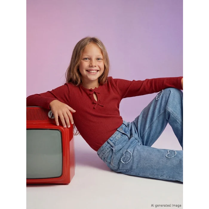 LCW Kids Bordo Fiyonk Detaylı Kız Çocuk Tişört