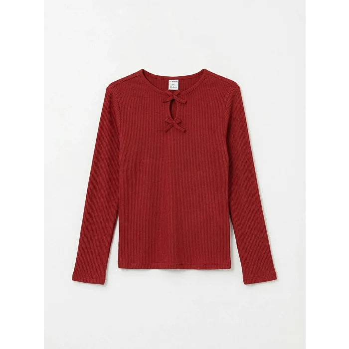 LCW Kids Bordo Fiyonk Detaylı Kız Çocuk Tişört