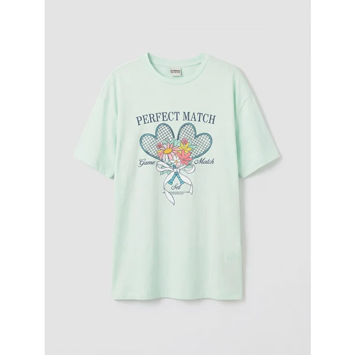 LCW Kids Yeşil Bisiklet Yaka Kız Çocuk Baskılı Tişört