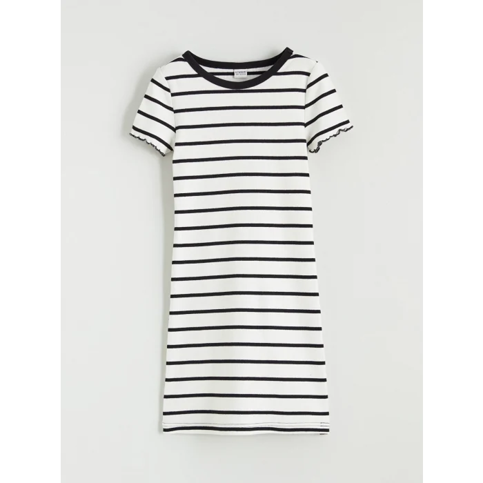 LCW Kids Siyah Bisiklet Yaka Çizgili Kız Çocuk Elbise