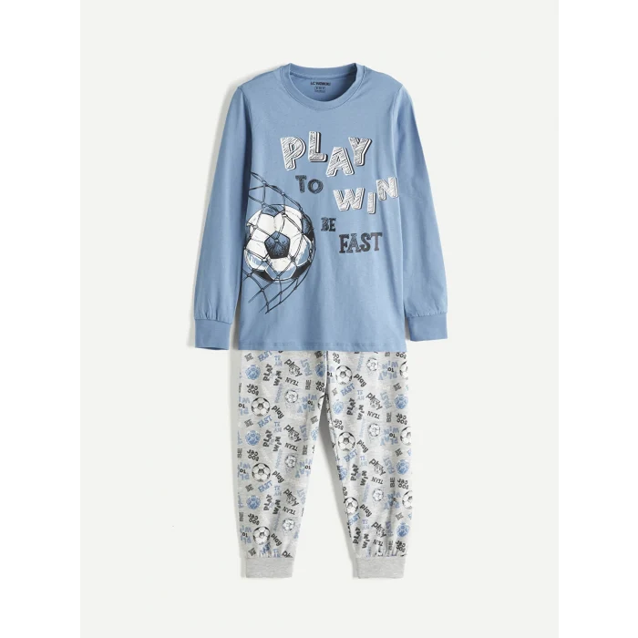 LCW Kids Mavi Bisiklet Yaka Baskılı Erkek Çocuk Pijama Takım