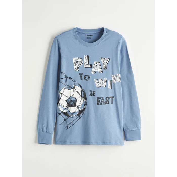 LCW Kids Mavi Bisiklet Yaka Baskılı Erkek Çocuk Pijama Takım