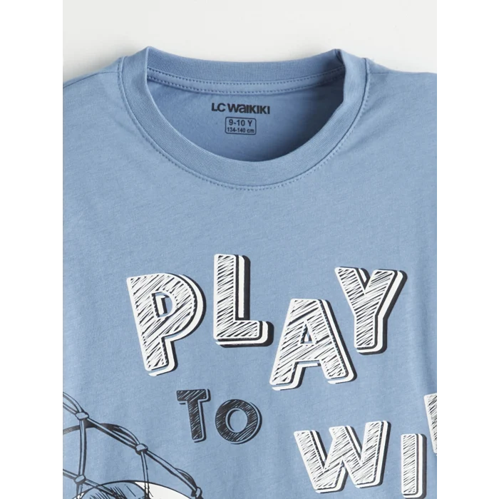 LCW Kids Mavi Bisiklet Yaka Baskılı Erkek Çocuk Pijama Takım