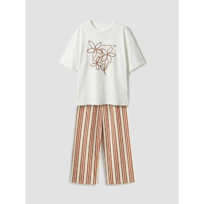 LCW Kids Ekru Baskılı Kız Çocuk Tişört ve Pantolon