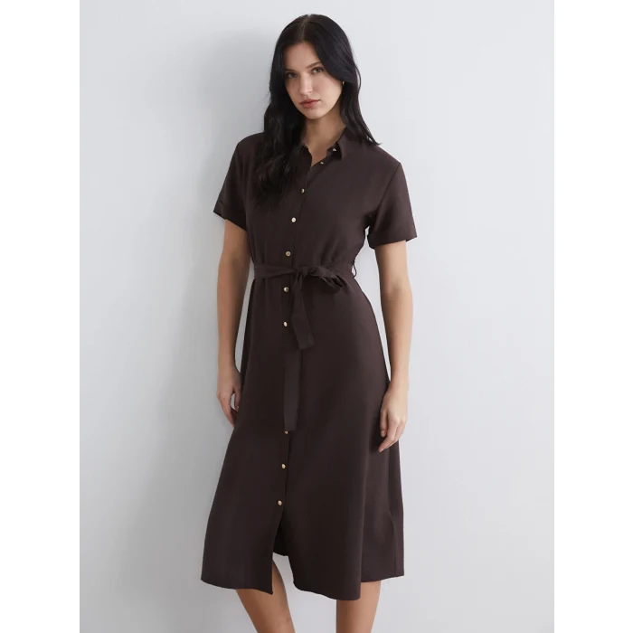 LCW Comfort Kahverengi Beli Kuşaklı Gömlek Elbise