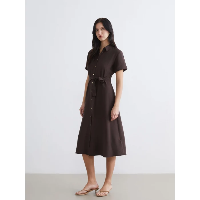 LCW Comfort Kahverengi Beli Kuşaklı Gömlek Elbise