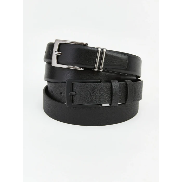 LCW ACCESSORIES Siyah Deri Görünümlü Erkek Kemer 2li