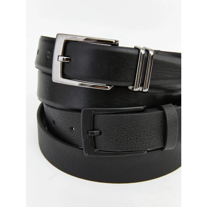 LCW ACCESSORIES Siyah Deri Görünümlü Erkek Kemer 2li