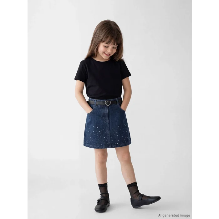 LCW Kids İndigo Kız Çocuk Taşlı Jean Etek ve Kemer