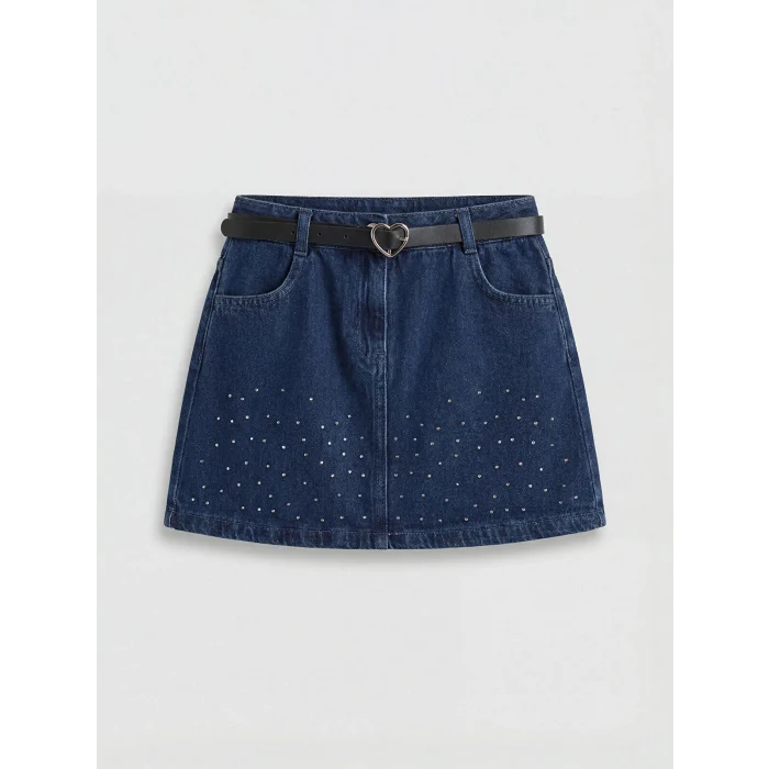 LCW Kids İndigo Kız Çocuk Taşlı Jean Etek ve Kemer