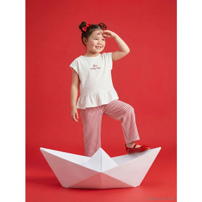 LCW Kids Ekru Bisiklet Yaka Kız Çocuk Bluz ve Pantolon