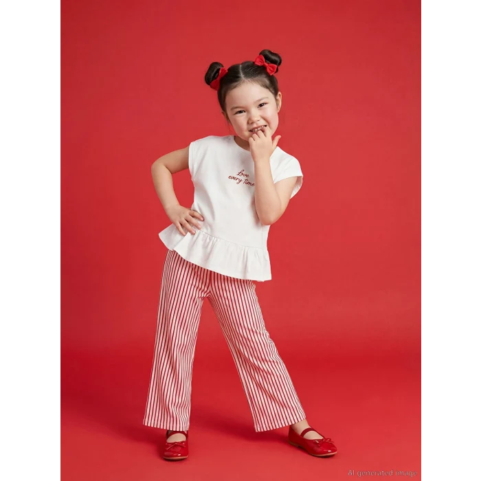 LCW Kids Ekru Bisiklet Yaka Kız Çocuk Bluz ve Pantolon