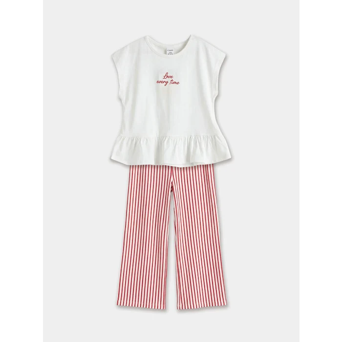 LCW Kids Ekru Bisiklet Yaka Kız Çocuk Bluz ve Pantolon