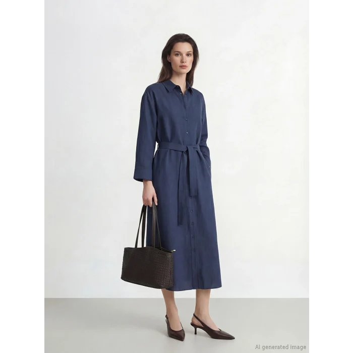 LCW Modest Lacivert Kuşaklı Keten Karışımlı Gömlek Elbise