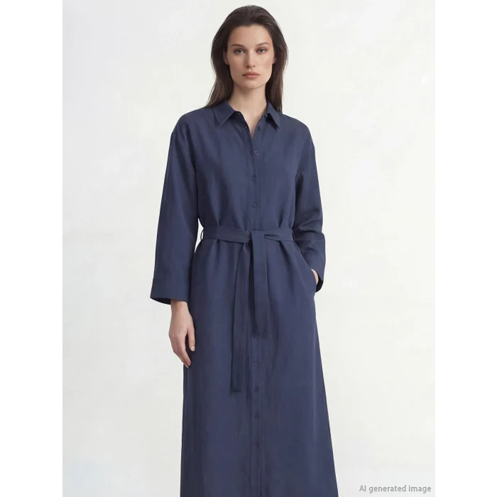 LCW Modest Lacivert Kuşaklı Keten Karışımlı Gömlek Elbise
