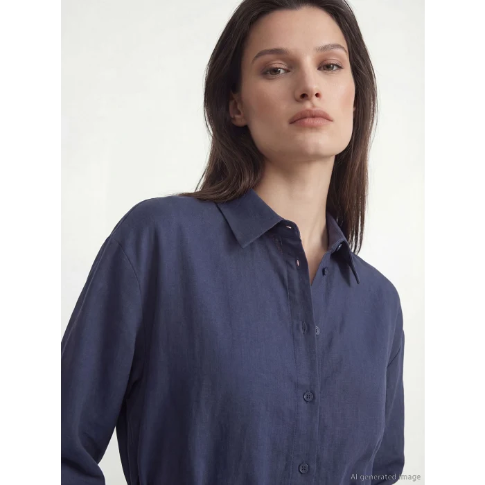 LCW Modest Lacivert Kuşaklı Keten Karışımlı Gömlek Elbise