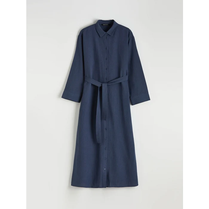 LCW Modest Lacivert Kuşaklı Keten Karışımlı Gömlek Elbise