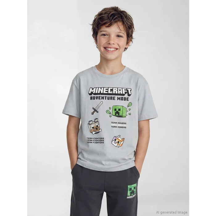 LCW Kids Gri Minecraft Baskılı Erkek Çocuk Tişört