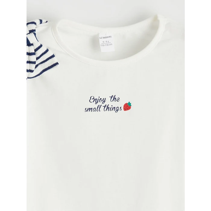 LCW Kids Ekru Kız Çocuk Baskılı Tişört ve Çizgili Pantolon
