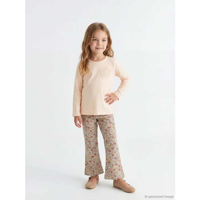 LCW Kids Bej Çiçekli Kız Çocuk Penye Bluz ve Tayt