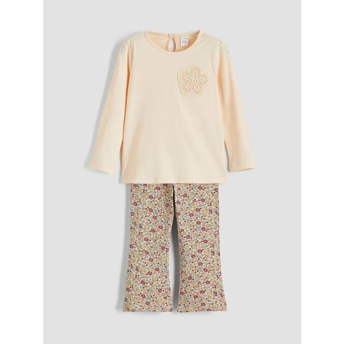 LCW Kids Bej Çiçekli Kız Çocuk Penye Bluz ve Tayt