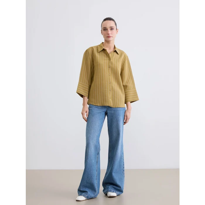 LCW EVERYDAY Haki Çizgili Poplin Kadın Gömlek