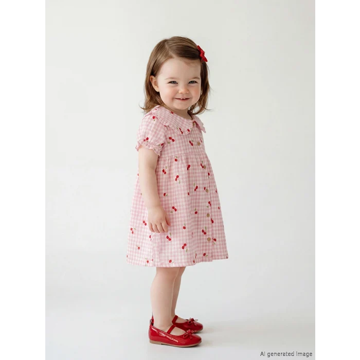 LCW baby Ekru Bebe Yaka Kiraz Desenli Kız Bebek Elbise