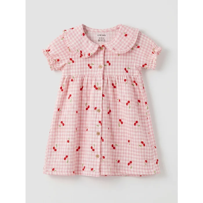 LCW baby Ekru Bebe Yaka Kiraz Desenli Kız Bebek Elbise