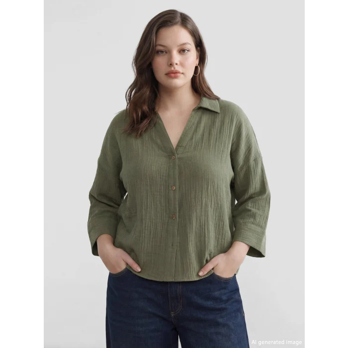 LCW Vision Haki Dokulu Oversize Kadın Gömlek