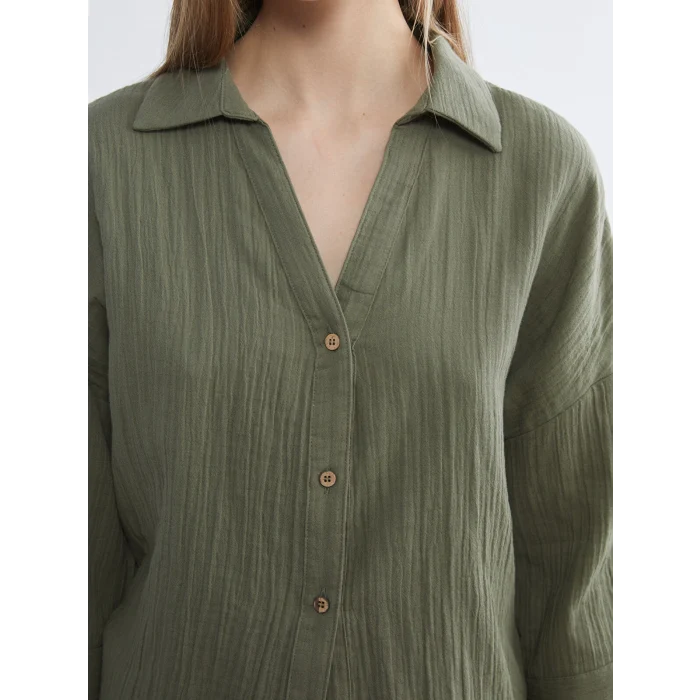 LCW Vision Haki Dokulu Oversize Kadın Gömlek