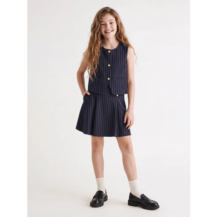 LCW Kids Lacivert Düğme Detaylı Çizgili Kız Çocuk Etek
