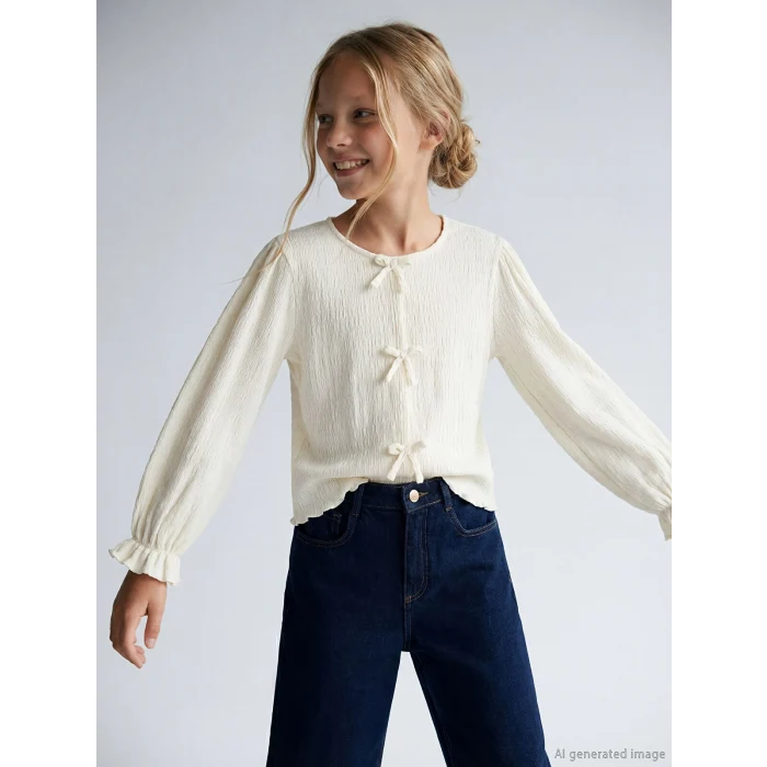 LCW Kids Ekru Fiyonk Detaylı Kız Çocuk Tişört