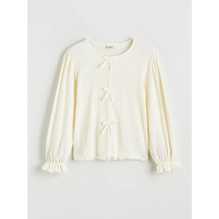 LCW Kids Ekru Fiyonk Detaylı Kız Çocuk Tişört