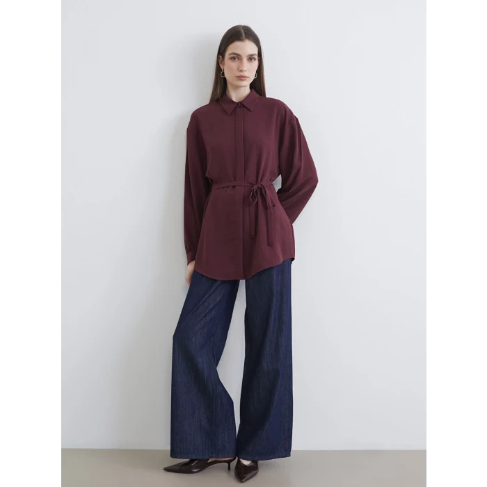 LCW Modest Bordo Beli Kuşaklı Oversize Kadın Gömlek Tunik