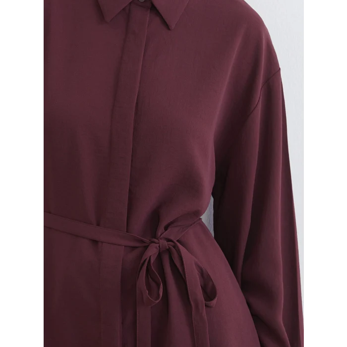LCW Modest Bordo Beli Kuşaklı Oversize Kadın Gömlek Tunik