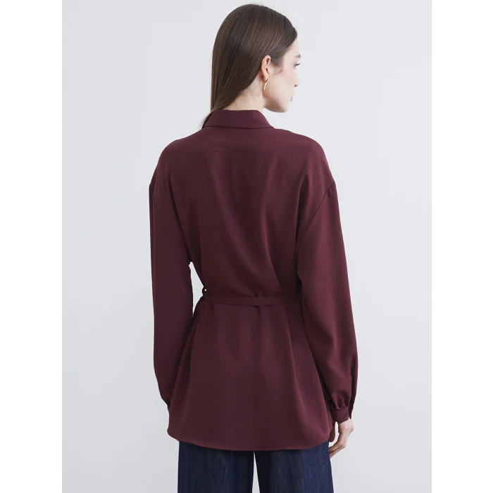 LCW Modest Bordo Beli Kuşaklı Oversize Kadın Gömlek Tunik