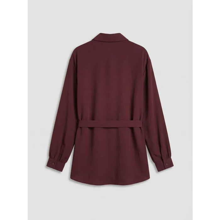 LCW Modest Bordo Beli Kuşaklı Oversize Kadın Gömlek Tunik