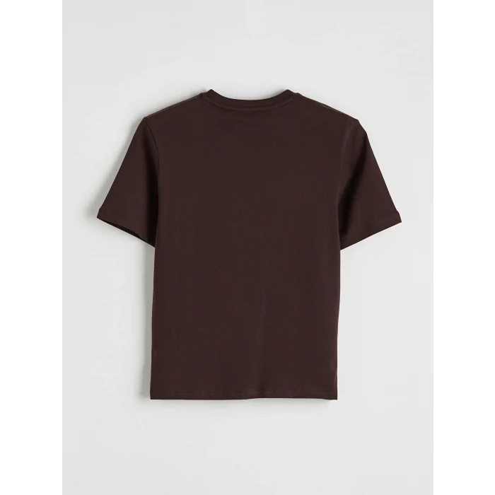 LCW Vision Kahverengi Bisiklet Yaka Nakışlı Kadın Tişört